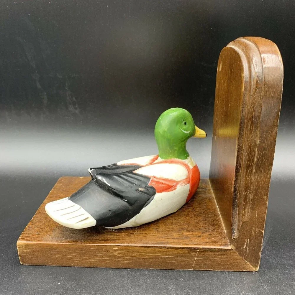 Vintage Duck Book End Ceramic Mallard Duck Wooden Bookend Single Bird Lover - Picture 7 of 9